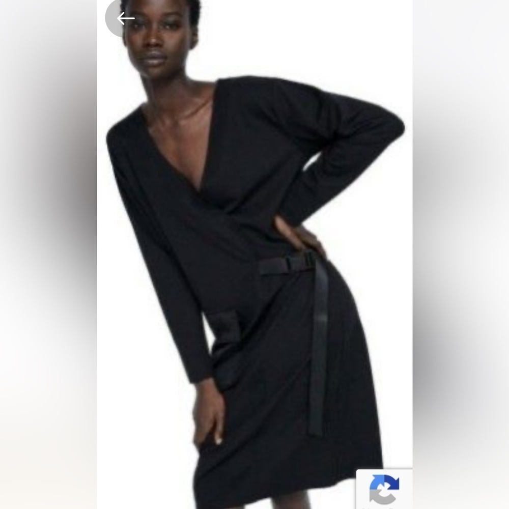 Zara Black Long Sleeve Wrap Dress Utility Side Buckle V-Neck Small Dark Academia